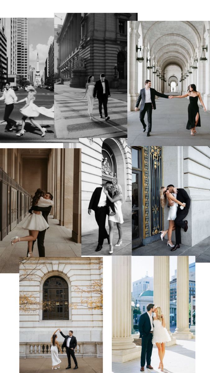 black and white photos of people dancing in the city, posing for pictures with each other