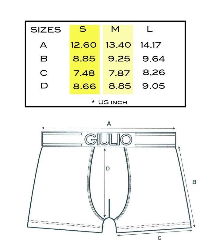 men's boxer shorts with the measurements for each side, and an additional size