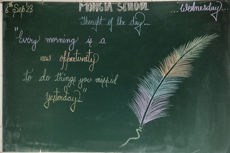 a chalk board with writing on it and a feather