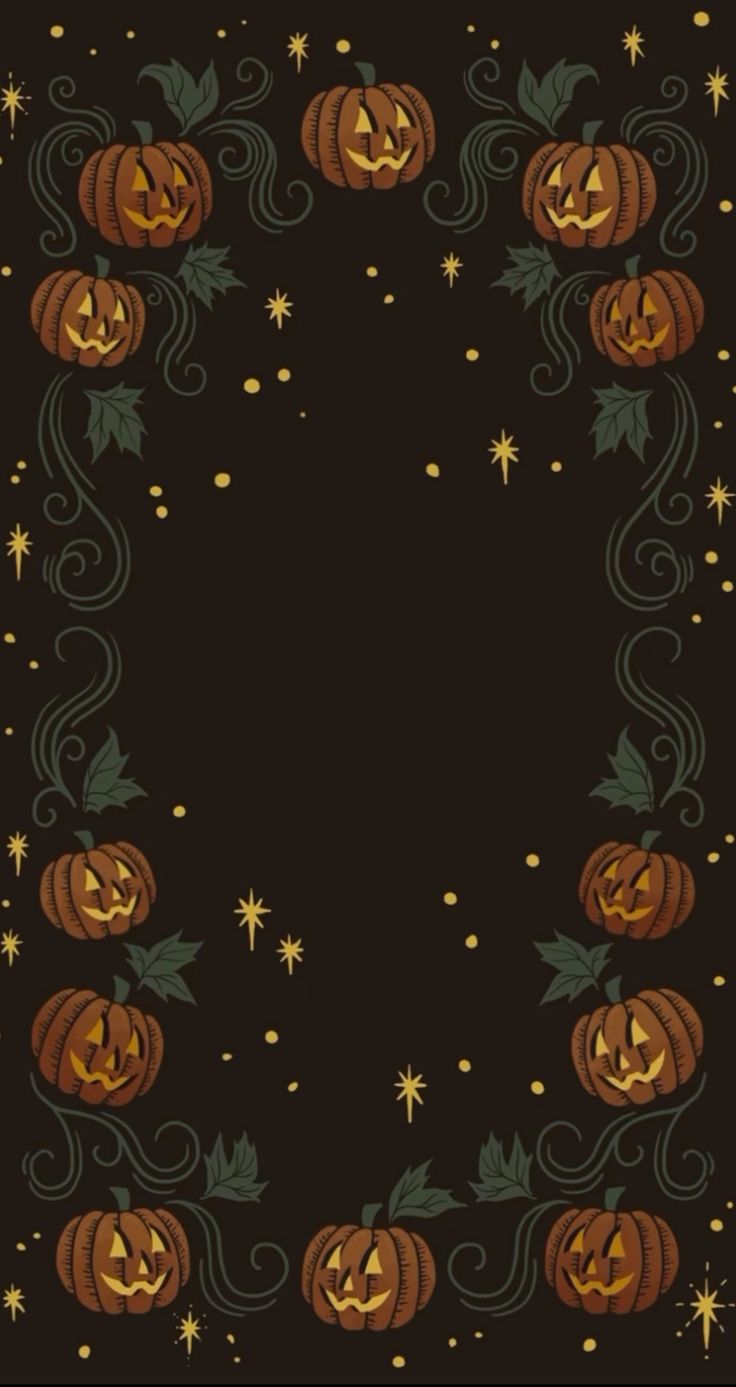 a black background with pumpkins and stars in the center, as well as an ornate border