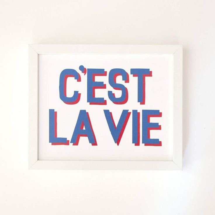 a white frame with the words cest la vie in blue and red on it