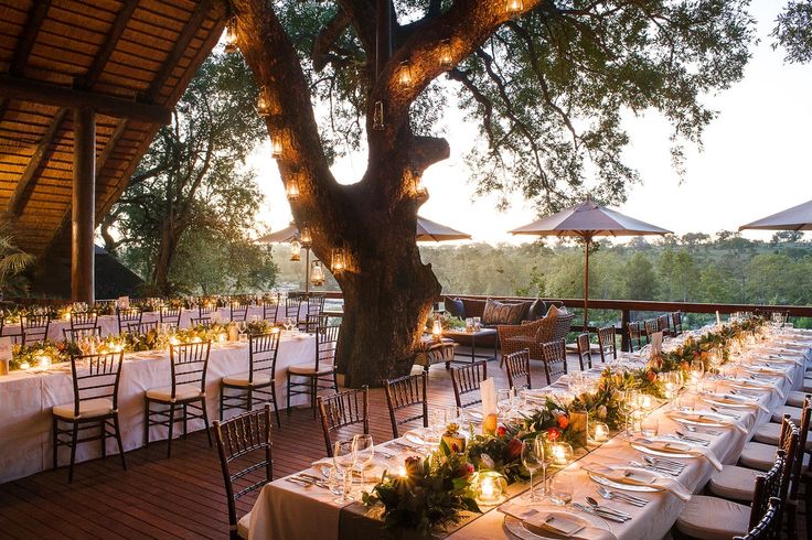 an outdoor dining area with tables and chairs set up for dinner under the shade of a large tree