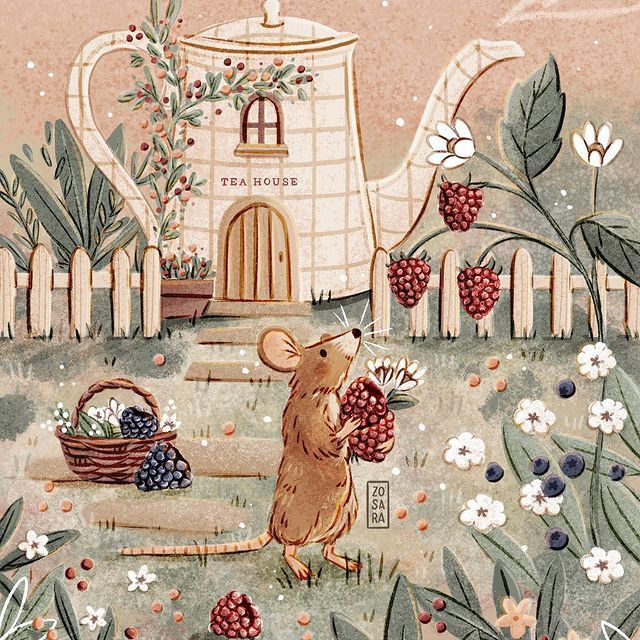 a painting of a mouse holding berries in front of a teapot