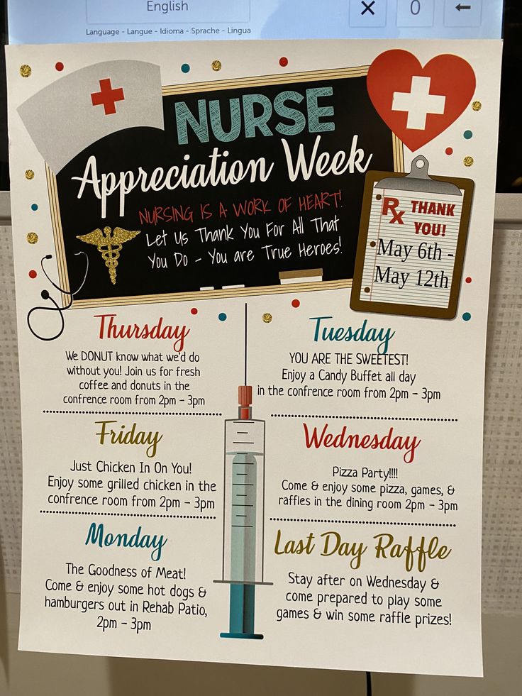 a nurse appreciation week poster is posted on a bulletin board in front of a computer screen