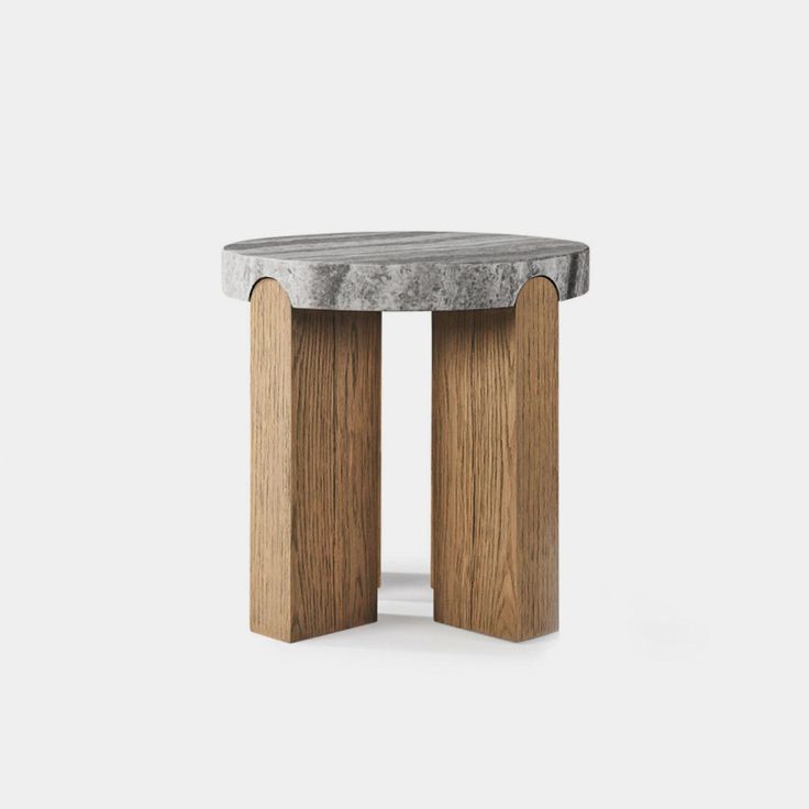 a marble and wood side table with two wooden pillars in the middle, on a white background