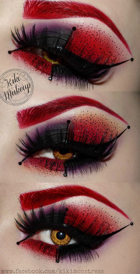 Harley Quinn inspired makeup. Red, Black, and Purple eye shadow with Red eyebrows Harley Quinn Make-up, Bunny Eyes, Extreme Make-up, Carnaval Make-up, Pelottava Halloween, Teknik Makeup, Queen Of Hearts Makeup, Futuristic Makeup, Fantasy Make-up