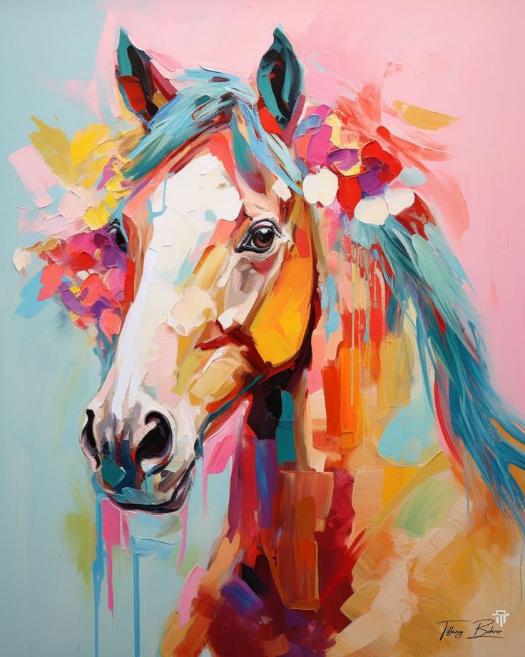 a painting of a horse with colorful paint on it's face and manes