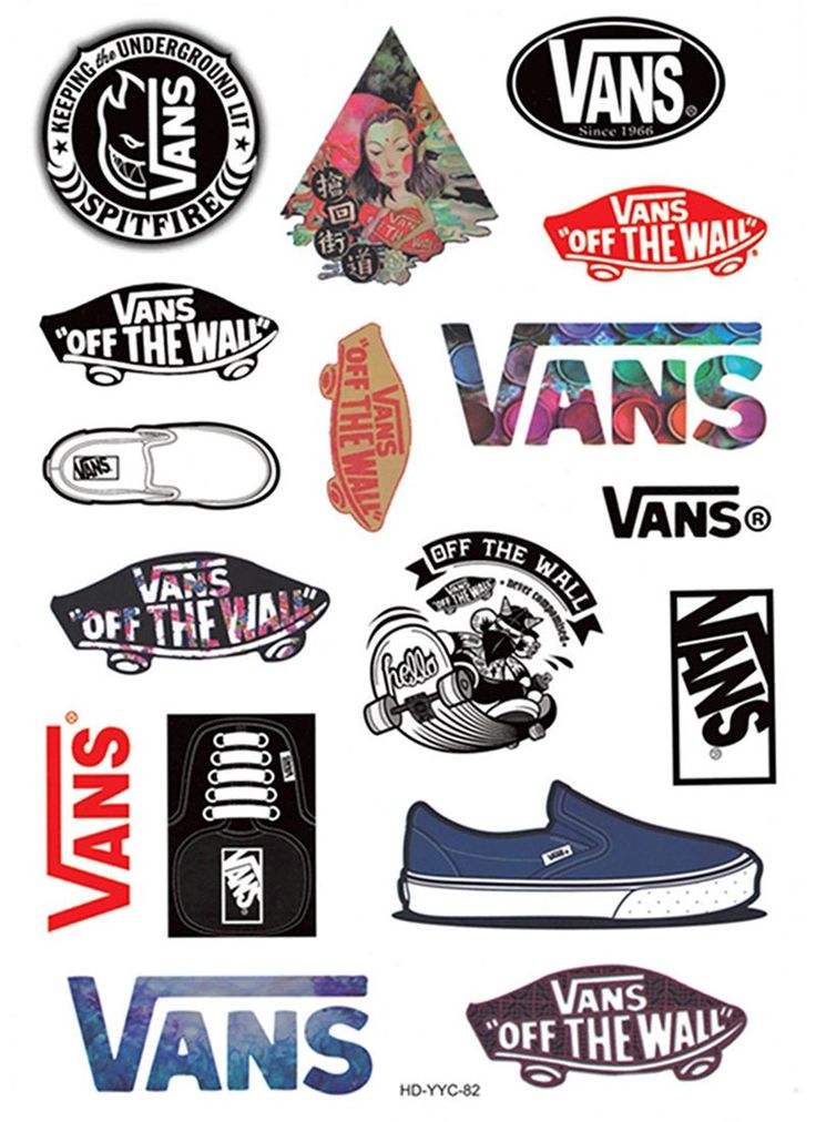 the vans sticker sheet is full of different logos and colors, including one that says vans