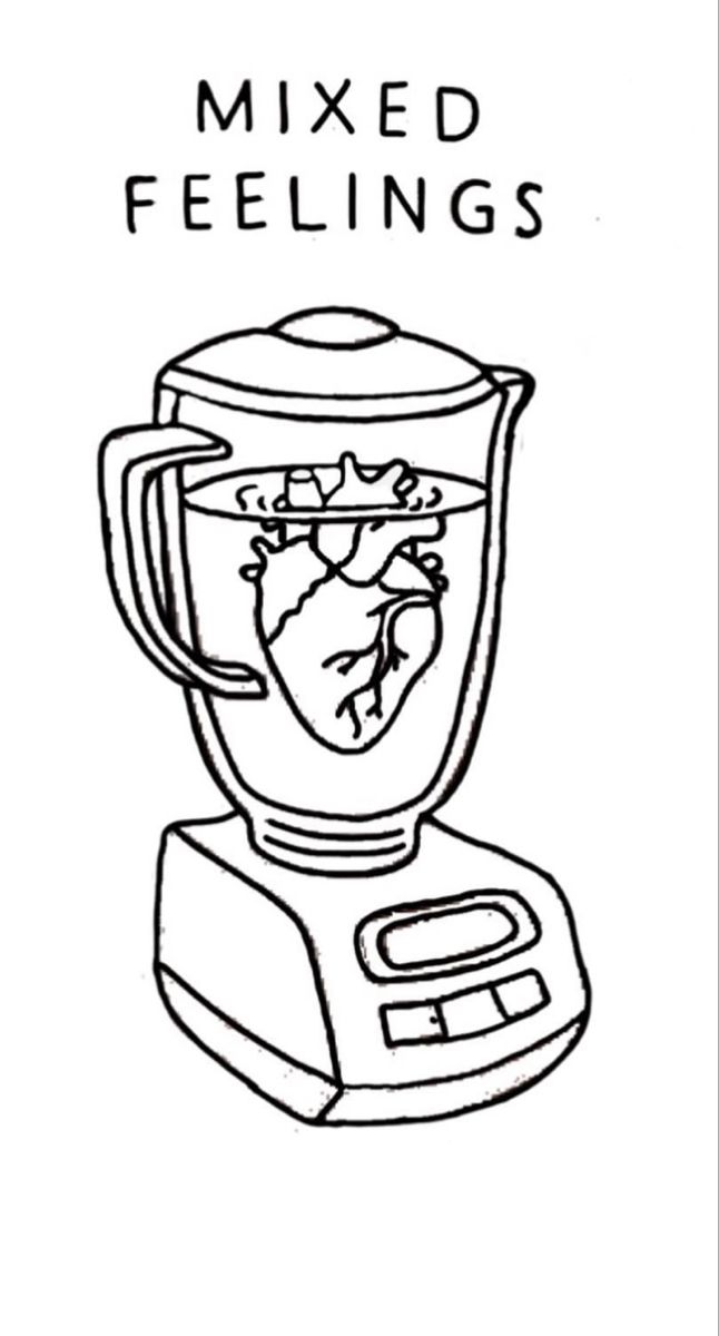 a black and white drawing of a blender with the words mixed feelings on it