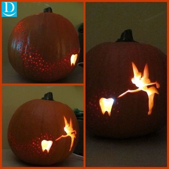 three pictures of a carved pumpkin with the shape of a bird on it's side