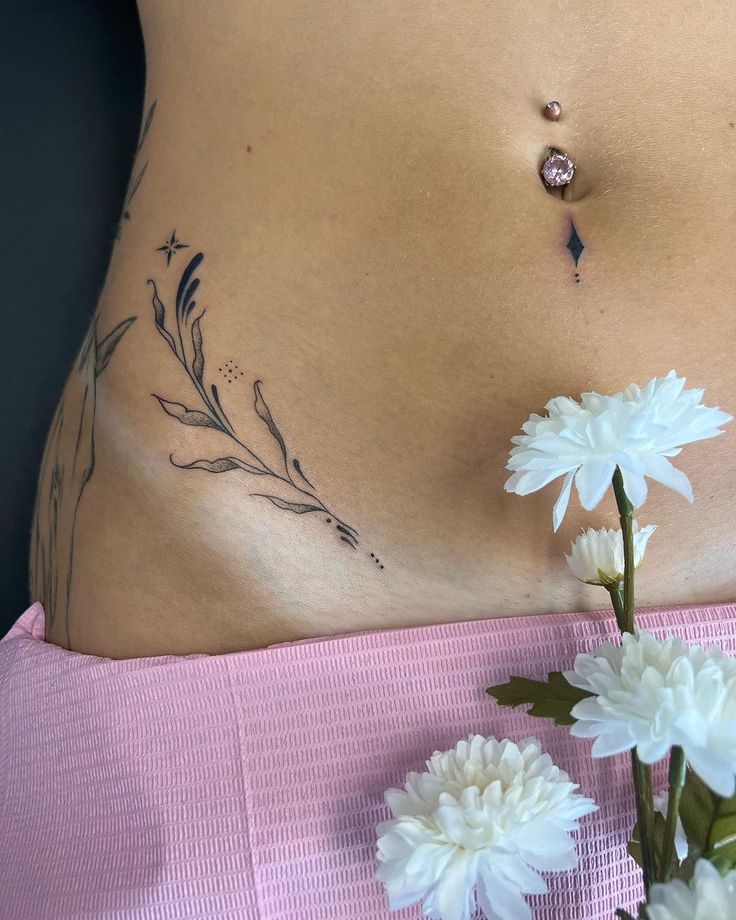 Lower Stomach Tattoo Lower Stomach Tattoo, Stomach Tattoo Ideas, Lower Stomach Tattoos For Women, Ephemeral Tattoo, Stomach Tattoo, Basic Tattoos, Belly Tattoos, Lower Stomach, Hip Tattoos Women