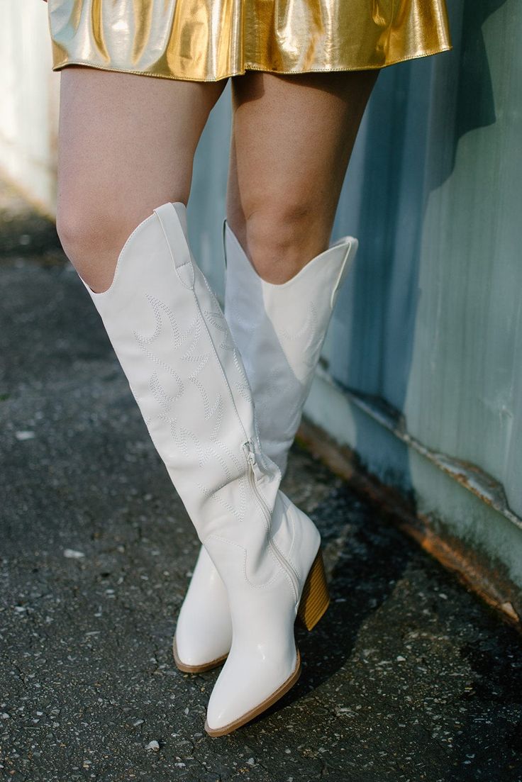 Bone Knee High Cowgirl Boots Knee High Cowgirl Boots, High Cowgirl Boots, Ivory Embroidery, Sneaker Heels Wedges, Football Top, Football Tops, Boutique Trends, Embroidery Stitching, Wood Heel