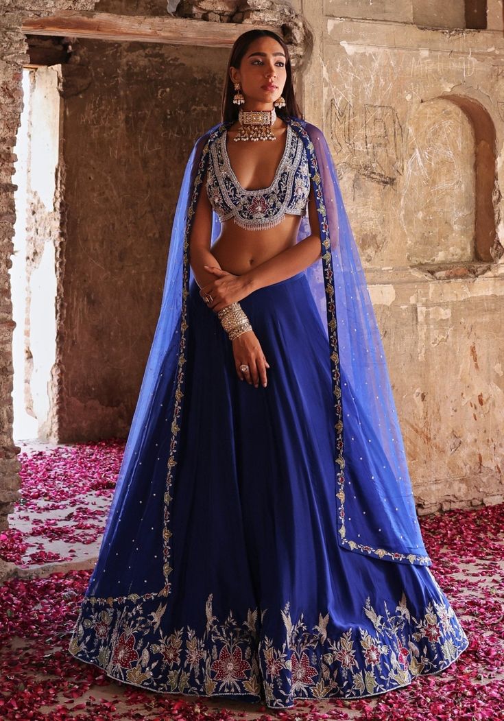 Blue Embroidered Silk Lehenga Set Seema Thukral - Fabilicious Fashion Lehenga Pattern, Blue Lehenga, London College Of Fashion, Lehenga Choli Online, Ready To Wear Saree, Indian Wedding Wear, Lehenga Blouse, Designer Lehenga Choli, Silk Lehenga