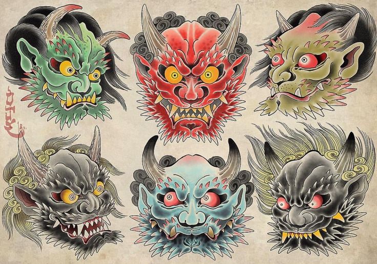 Tatto neotradicional ♡ Japanese Masks Art, Old School Snake Tattoo Design, Japanese Demon Tattoo Design, Neo Traditional Japanese Tattoo, Old School Snake Tattoo, Neo Traditional Japanese, Japanese Tattoo Flash, Raijin Tattoo, Japanese Demon Tattoo