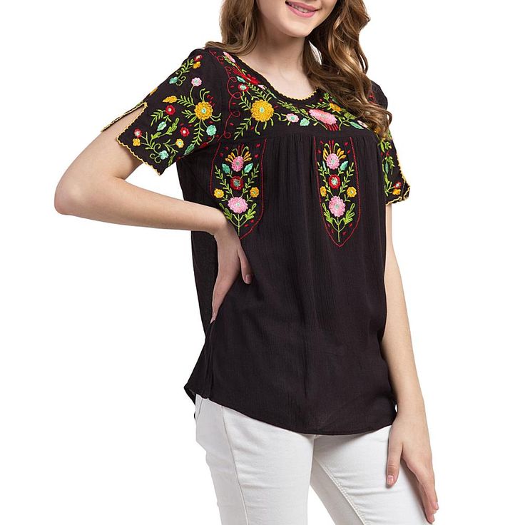 Black Summer Blouse With Embroidered Sleeves, Summer Blouse With Embroidered Neckline, Black Bohemian Top With Embroidered Hem, Summer Rayon Blouse With Floral Embroidery, Summer Multicolor Embroidered Blouse, Summer Blouse With Multicolor Embroidery, Bohemian Black Tops With Embroidered Neckline, Fitted Casual Embroidered Top With Intricate Embroidery, Casual Fitted Embroidered Top With Intricate Embroidery