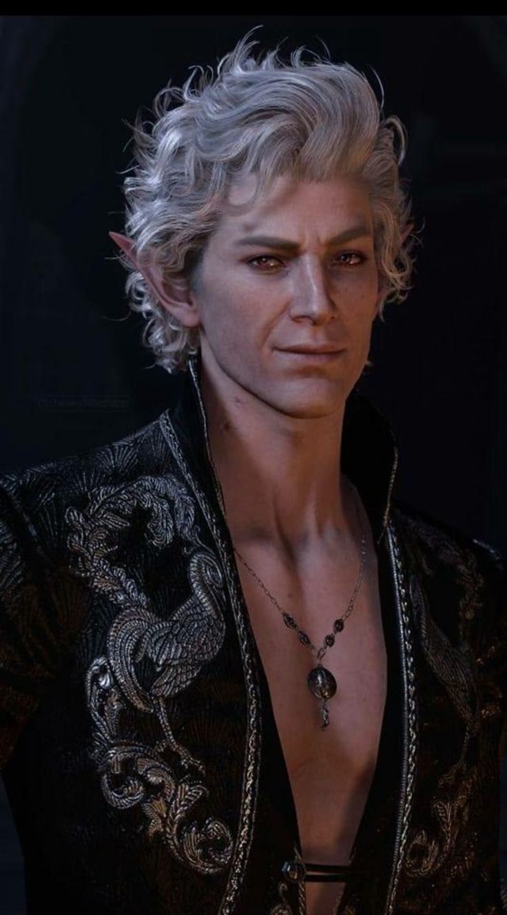 a man with white hair wearing a black shirt and silver necklace on top of his chest