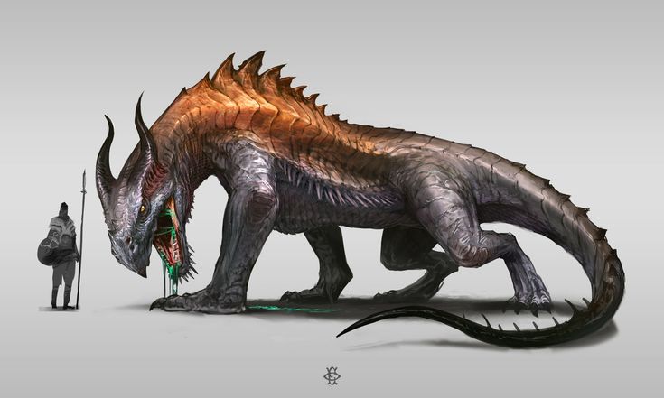 an artist's rendering of a dinosaur with its mouth open and head down, standing next to a man