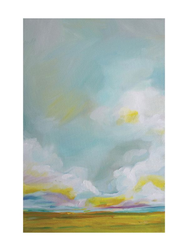 an abstract painting with blue, yellow and white clouds in the sky over a green field