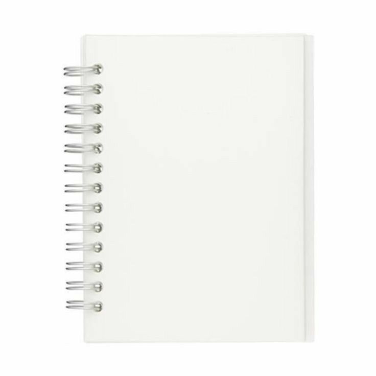 a white spiral notebook on a white background with clippings for notes or photos