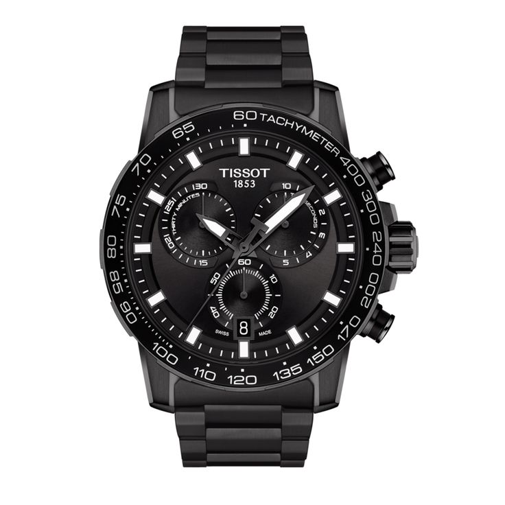 The Tissot Supersport Chrono watch goes classic contemporary, underscored with athletic charm. This dynamic 45.5-millimeter water-resistant watch features a black-tone stainless steel case and a scratch-resistant sapphire crystal cover with an anti-reflective coating. The chronograph black dial with white indices and black stainless steel bracelet lends to its luxury and sporting good looks.Firmly built on Swiss watchmaking tradition, Tissot is committed to its craft and recognized globally for Interchangeable Bracelet, Seiko 5 Sports, Chrono Watches, Tissot Watches, Black Quartz, Casual Watches, Super Sport, Luxury Watches For Men, G Shock