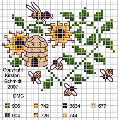 a cross stitch pattern with some flowers and bees on the bottom right hand corner,