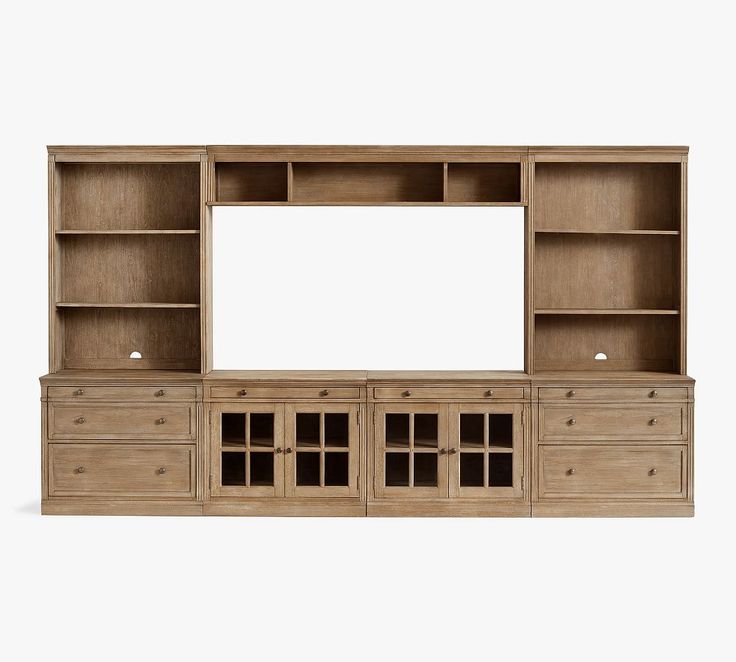 a large wooden entertainment center with glass doors and drawers on one side, open shelves to the other