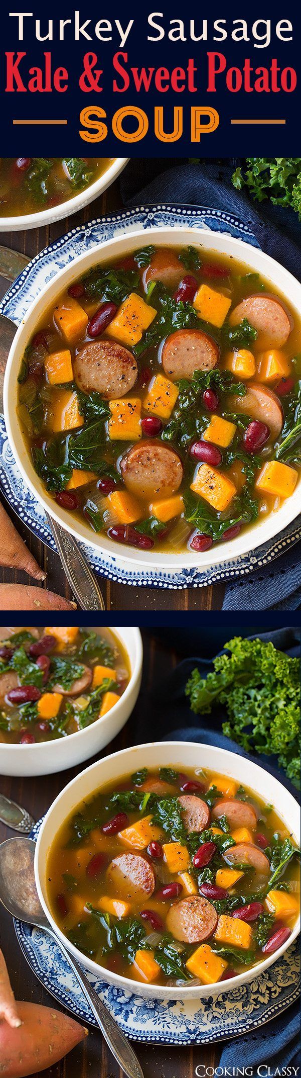 two pictures of turkey sausage, kale and sweet potato soup