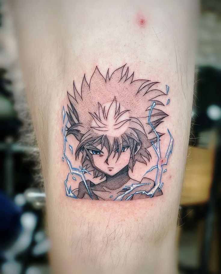 a tattoo on the leg of a man with an image of gohan from fairy tail