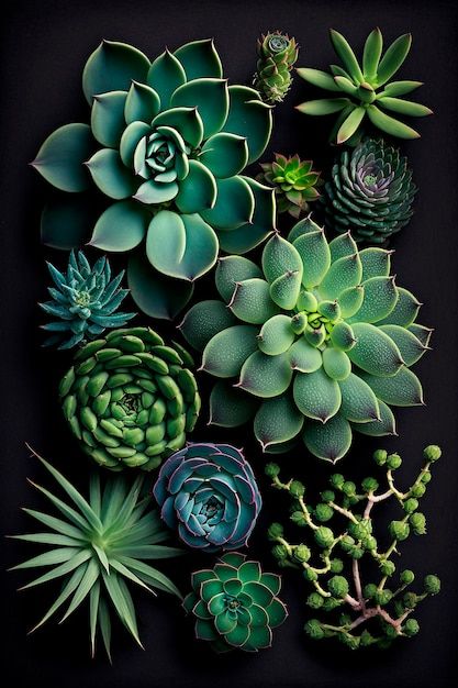 various types of succulents and plants on a black background