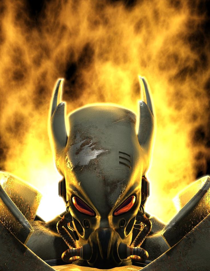 a demonic looking creature with red eyes sitting in front of a yellow fire filled background