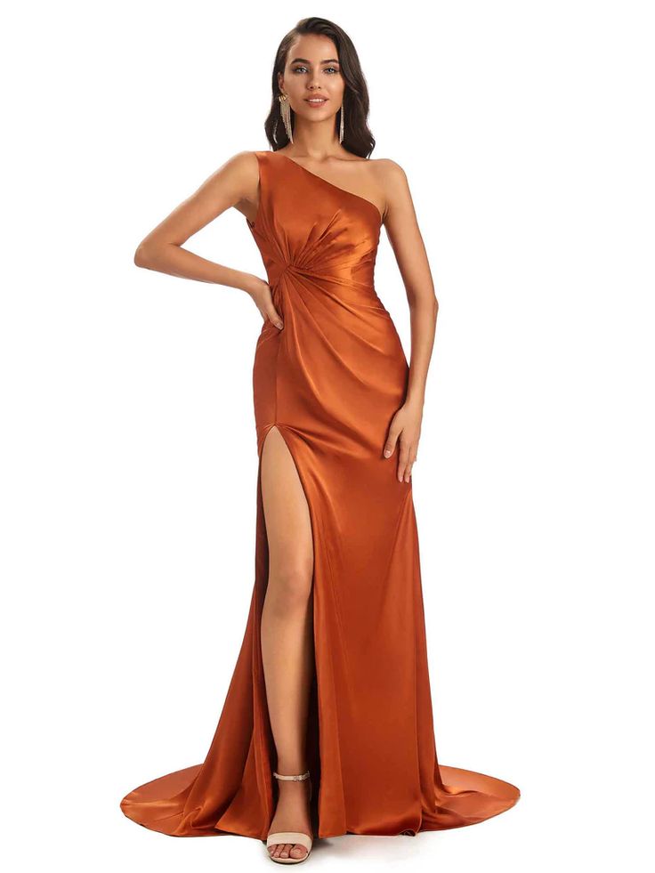 Sexy Soft Satin One Shoulder Side-Slit Floor-Length Mermaid Bridesmaid Dresses - ChicSew Graduation Dress Long, Bridesmaid Dresses One Shoulder, One Shoulder Bridesmaid Dress, Wine Bridesmaid Dresses, Side Split Dress, Bridesmaid Dresses Uk, Satin Formal Dress, Formal Bridesmaids Dresses, One Shoulder Bridesmaid