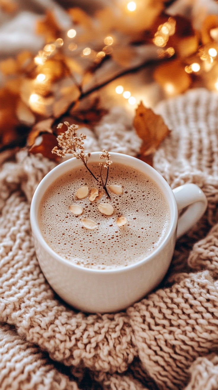 a cup of hot chocolate with nuts in it on a blanket next to some lights