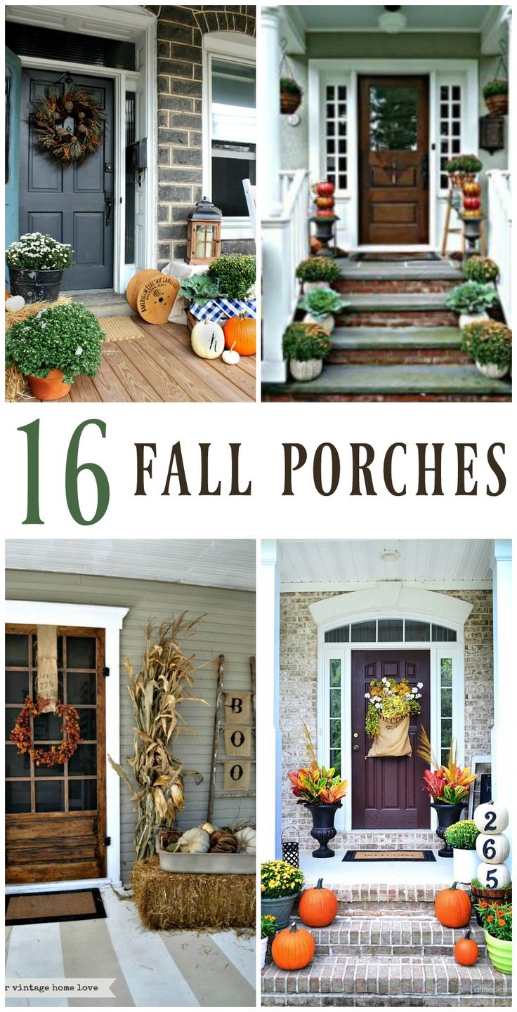 front porch decorated for fall with pumpkins, hay bales and wreaths on the steps