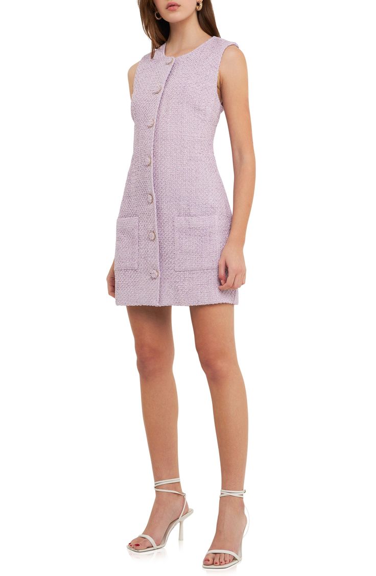 You'll feel pretty in this adorable tweed minidress designed with embellished buttons and patch pockets. Jewel neck Sleeveless Lined 100% polyester Hand wash, dry flat Imported Pink Tweed Dress, Embellished Buttons, Pink Gingham Dress, Knit Tweed, Tweed Shift Dress, Mock Neck Mini Dress, Crochet T Shirts, Button Down Shirt Dress, Crochet Skirt