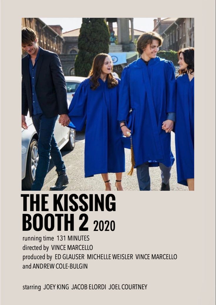 a movie poster for the kissing booth with two people in blue robes and one man in black