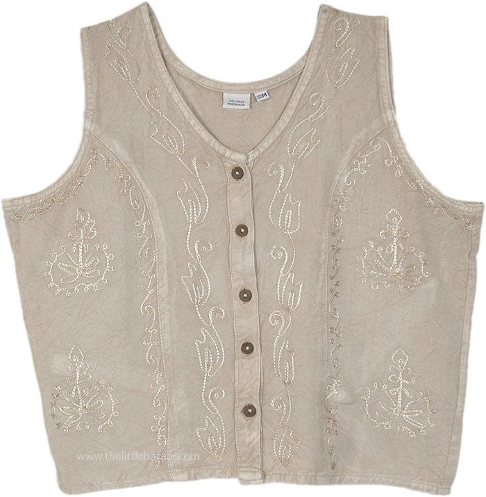 A pixie yet casual aesthetic embroidered sleeveless collarless neck shirt top. With its soft rayon material and sleeveless style, the top is perfect for the summertime. #tlb #Embroidered #Misses #vintagetop #renaissancetop #oldstyletop Summer Cotton Embroidered Tank Top, Summer Embroidered Cotton Tank Top, Casual Embroidered Tank Top For Summer, Embroidered Tank Top For Summer, Casual Embroidered Rayon Blouse, Casual Beige Embroidered Summer Top, Sleeveless Embroidered Summer Beach Top, Summer Casual Tank Top With Floral Embroidery, Bohemian Sleeveless Embroidered Top For Summer