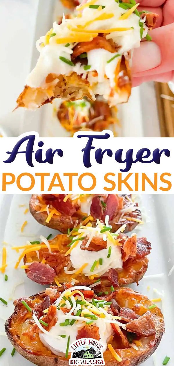 air fryer potato skins with bacon, cheese and ranch dressing on top is the perfect appetizer for any party