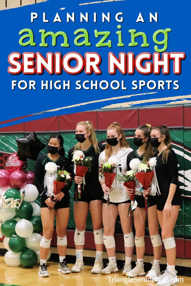 some girls are standing in front of a wall with balloons and flowers on it that says planning an amazing senior night for high school sports