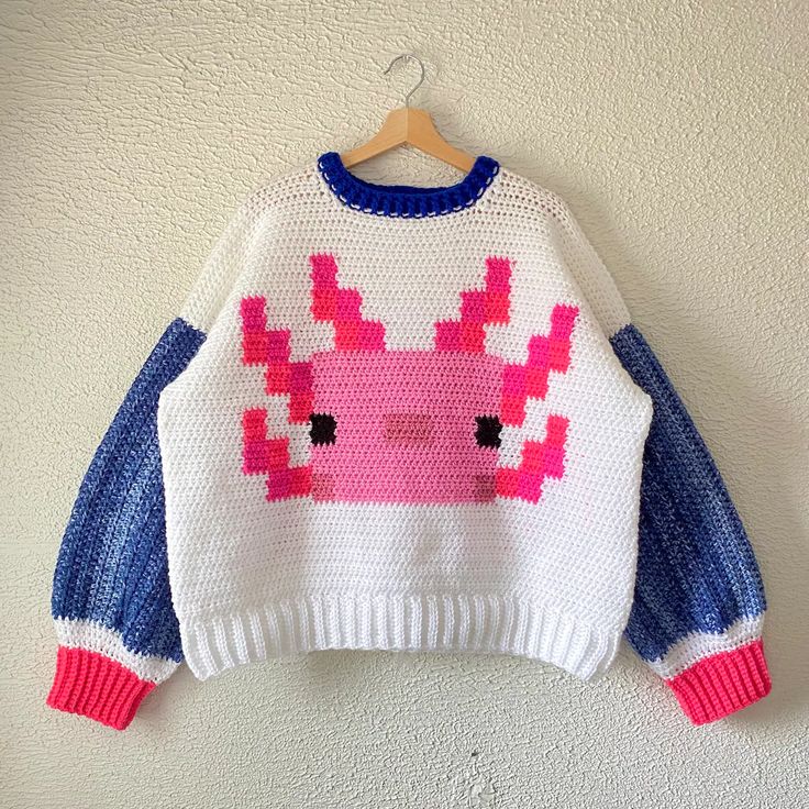 a pink and blue sweater hanging on a wall