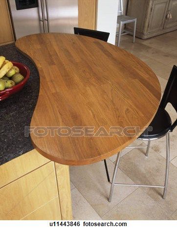 a bowl of fruit sitting on top of a wooden table next to a countertop