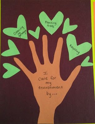 a handprinted tree with green and orange hearts on it that says i care for my environment by