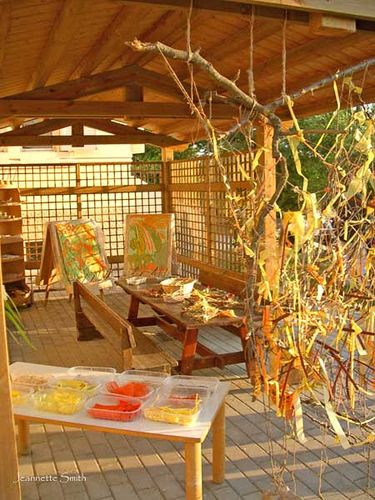 an outdoor covered patio with chairs and food on the table in front of it that is being used as a picnic shelter