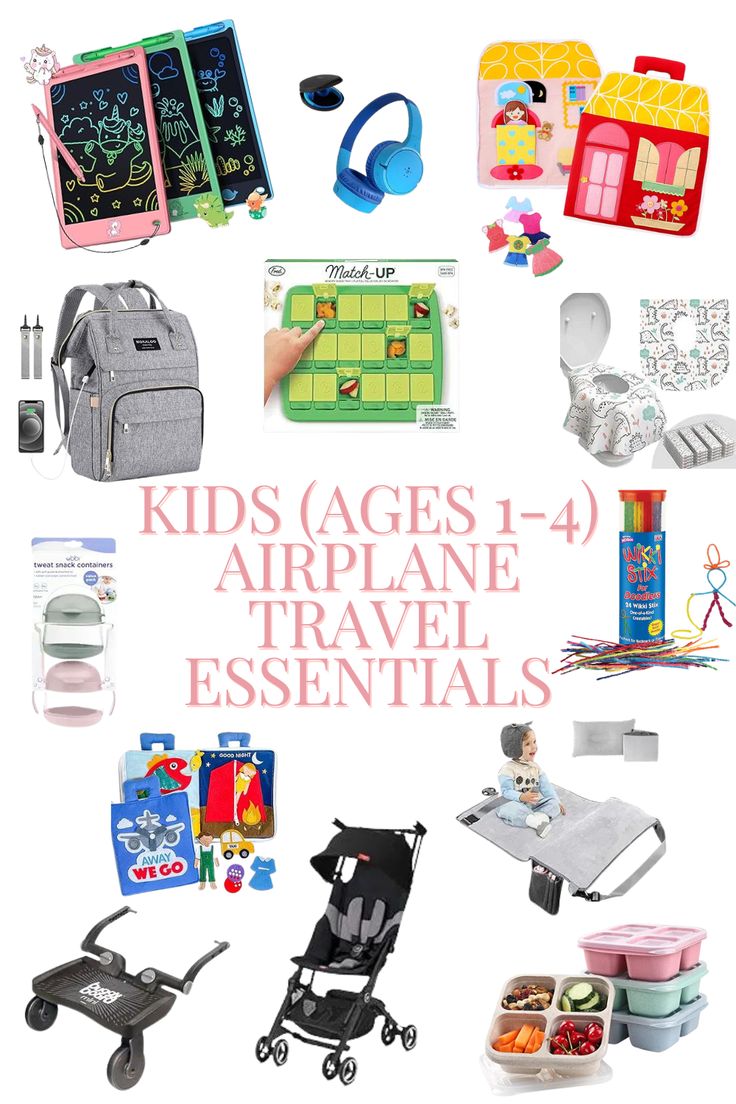 kids ages 1 - 4 travel essentials are shown in this collage with the words,