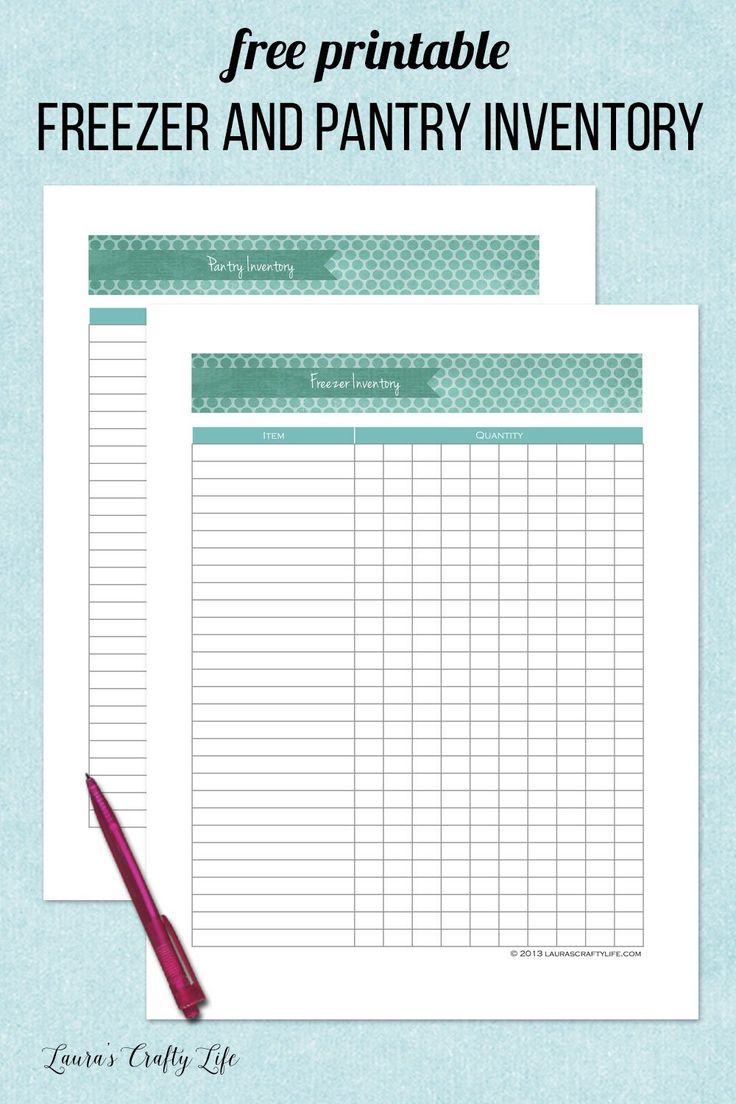 free printable freezer and pantry inventory sheet with a pen on the table next to it