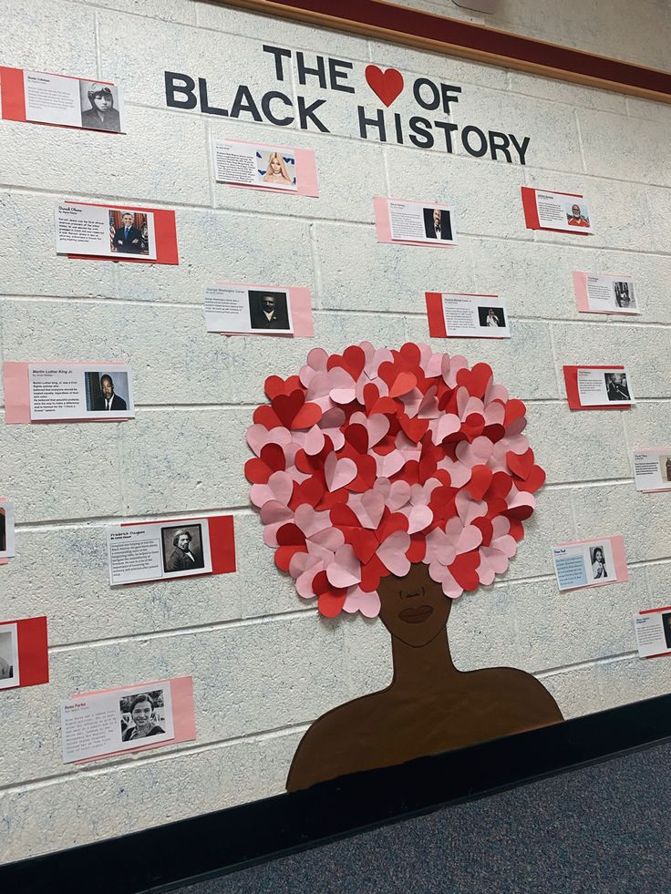 a bulletin board with hearts in the shape of a woman's head on it