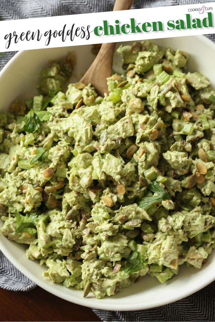 a white bowl filled with green goddess chicken salad