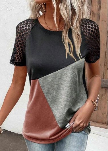 Color:Black;Size:M;Size:XXL;Package Contents:1 X T Shirt;Occasion:Other;Style:Bohemian; Patchwork Fashion, Black Lace Shorts, Lace Sleeve Top, Patchwork Shorts, Trendy Tops For Women, Lace Patchwork, Round Neck Tees, Clothes Women, Khaki Color