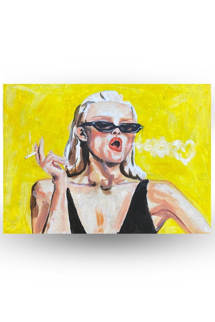 A painting by the contemporary artist Veronica Wells. A young woman wearing dark glasses is smoking, blowing heart shaped smoke rings. Her mouth is pouting ostentatiously and painted red. She is standing against a brilliant yellow background Bond Girl, Painting Artist, On Board, Contemporary Art, Acrylic Painting, Art