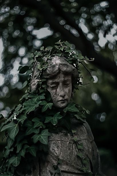 a statue with ivy growing on it's head