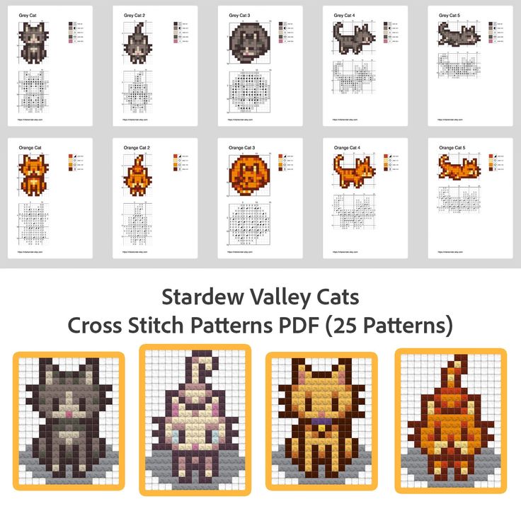 the cross stitch pattern for stardew valley cats is shown in different sizes and colors